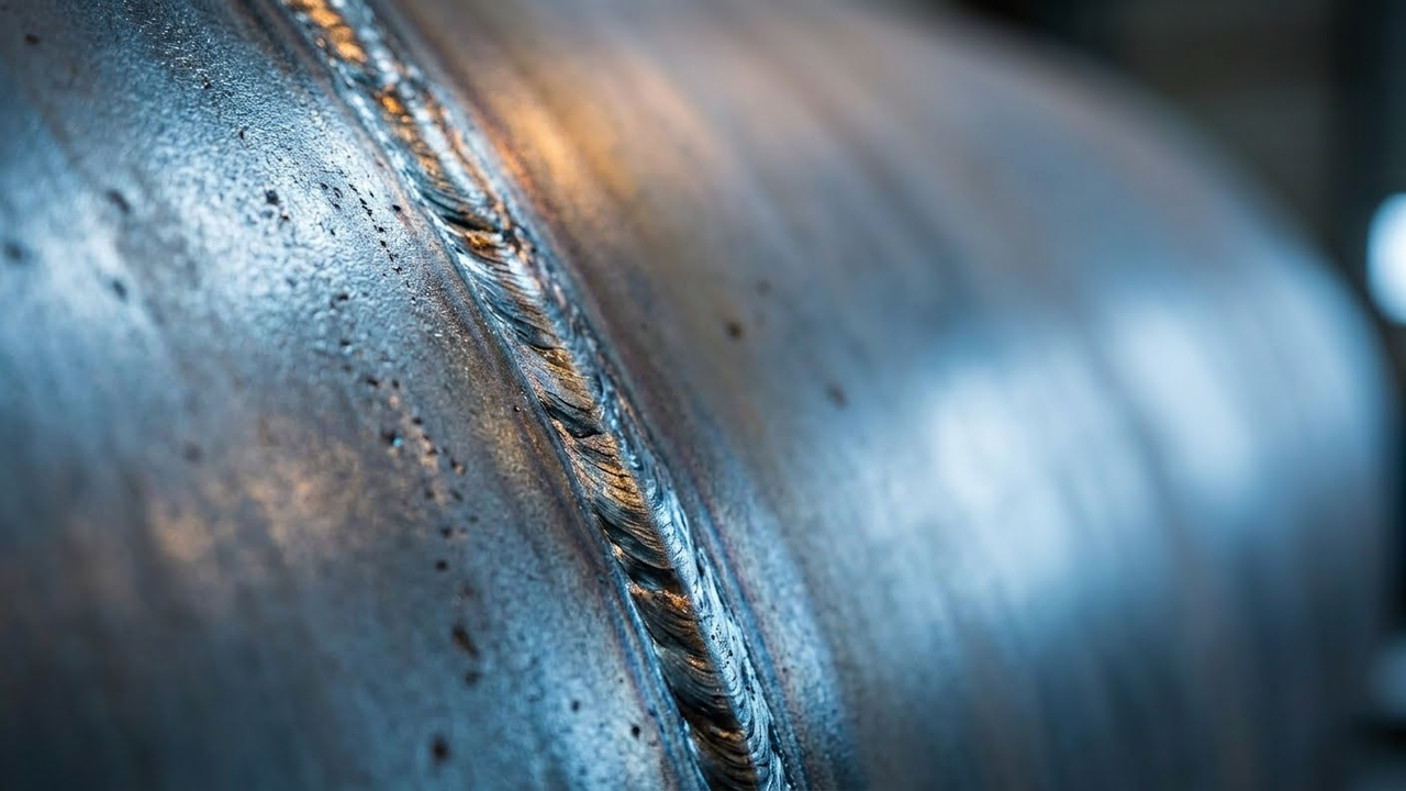 Close detalhado de soldagem industrial em placa de aço de alta resistência.