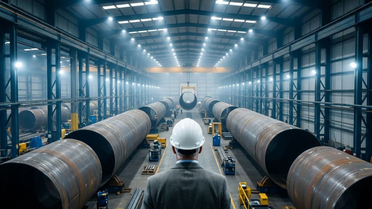 Interior da maior fábrica de fundações marítimas do mundo na Inglaterra.