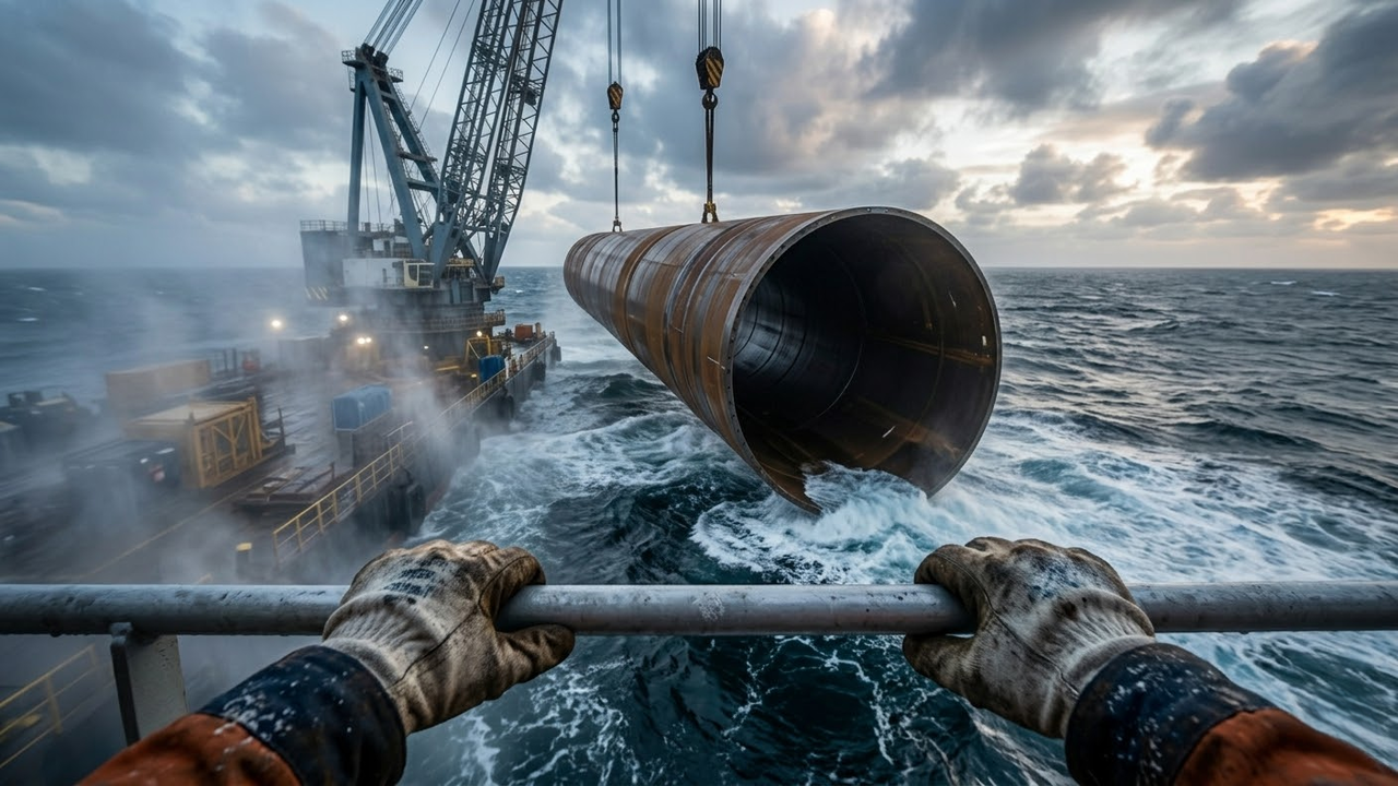 Visão em primeira pessoa da instalação de uma estaca gigante no oceano.