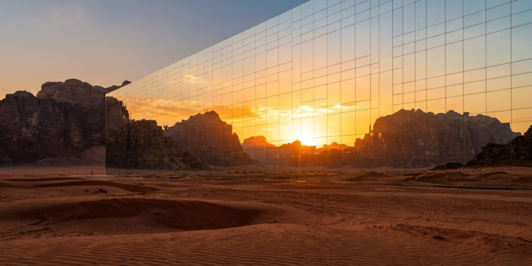 Muralha espelhada de The Line refletindo o deserto ao pôr do sol.