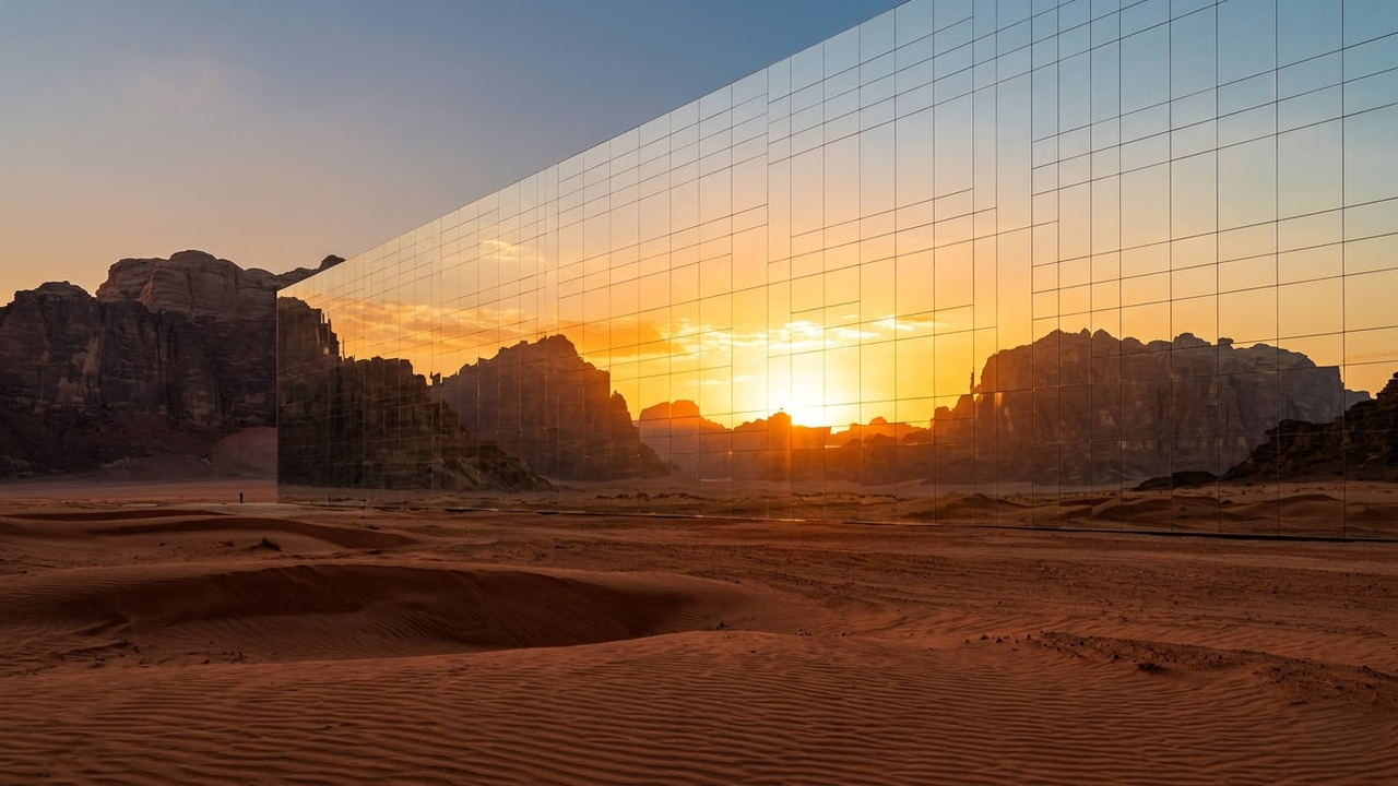 Muralha espelhada de The Line refletindo o deserto ao pôr do sol.