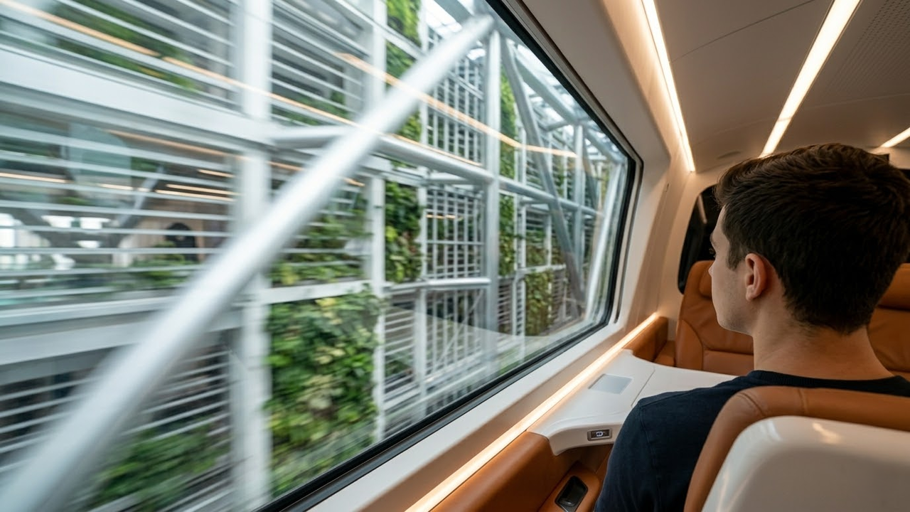 Passageiro em trem de alta velocidade percorrendo a cidade vertical.