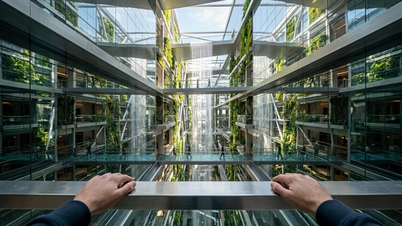 Visão em primeira pessoa de uma varanda na cidade vertical The Line.