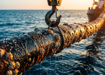 Cabo submarino histórico emerge do oceano sob a luz do pôr do sol.