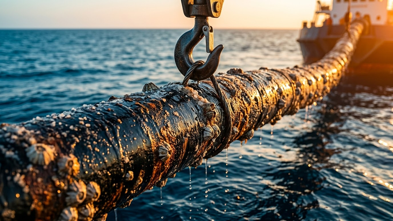 Cabo submarino histórico emerge do oceano sob a luz do pôr do sol.