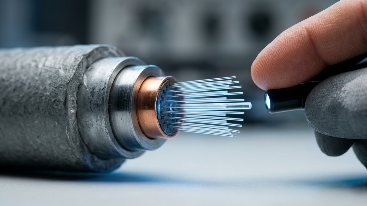 Detalhe interno macro das fibras de vidro do cabo TAT-8.