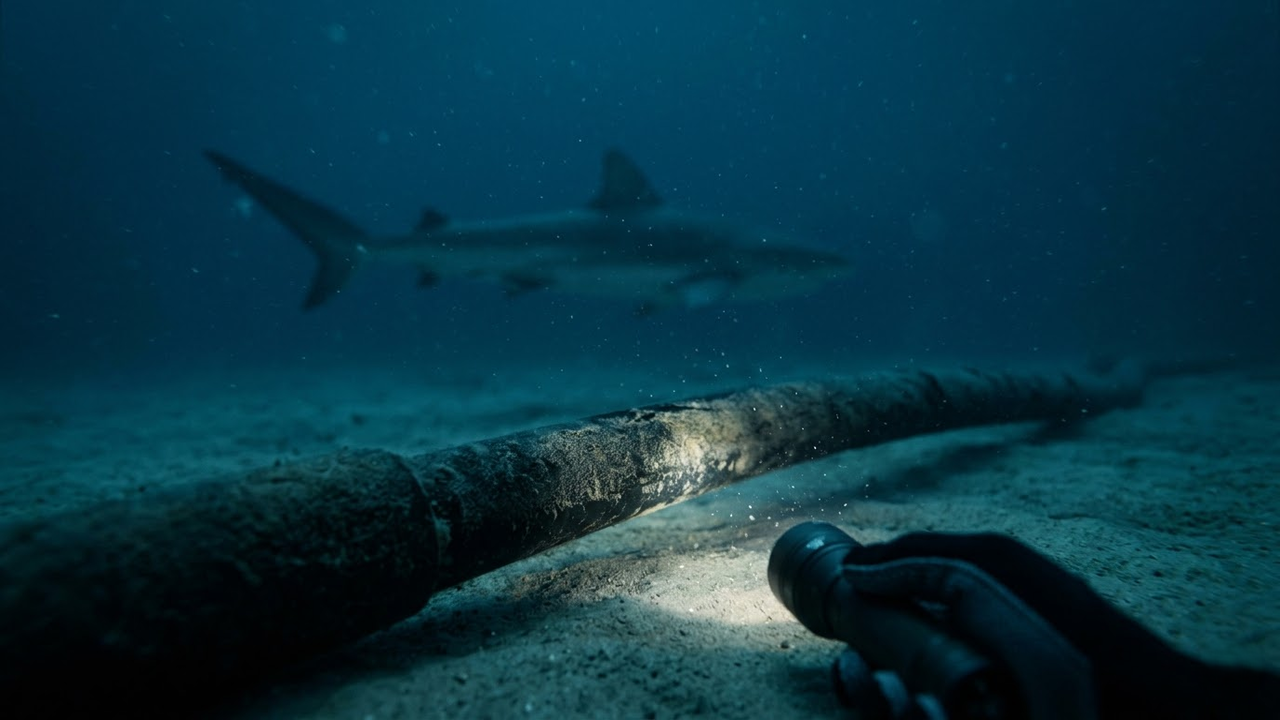 Visão subjetiva de mergulhador encontrando o cabo no leito marinho.