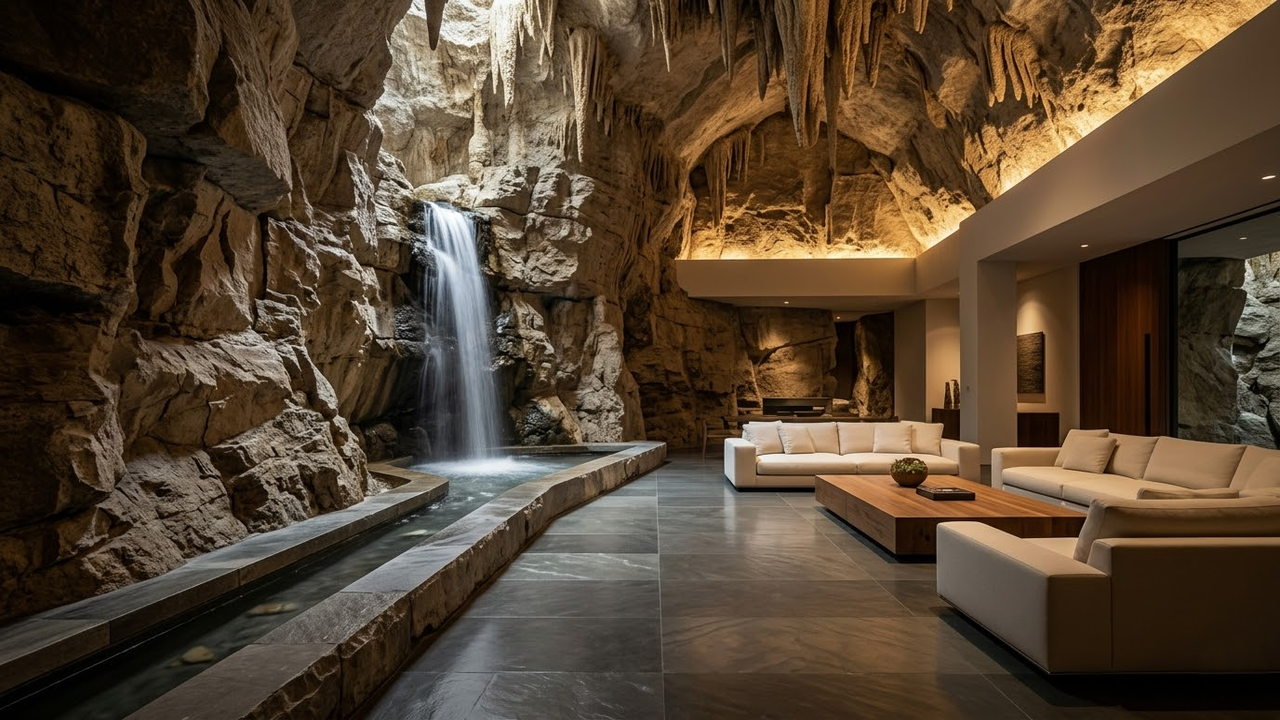 Sala de luxo com cachoeira natural dentro de uma caverna milenar.