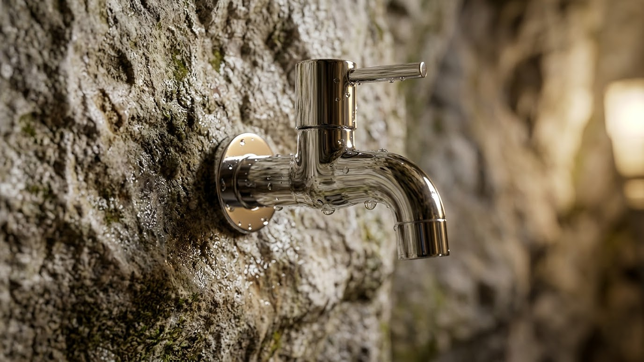 Detalhe de torneira moderna instalada diretamente na rocha bruta.