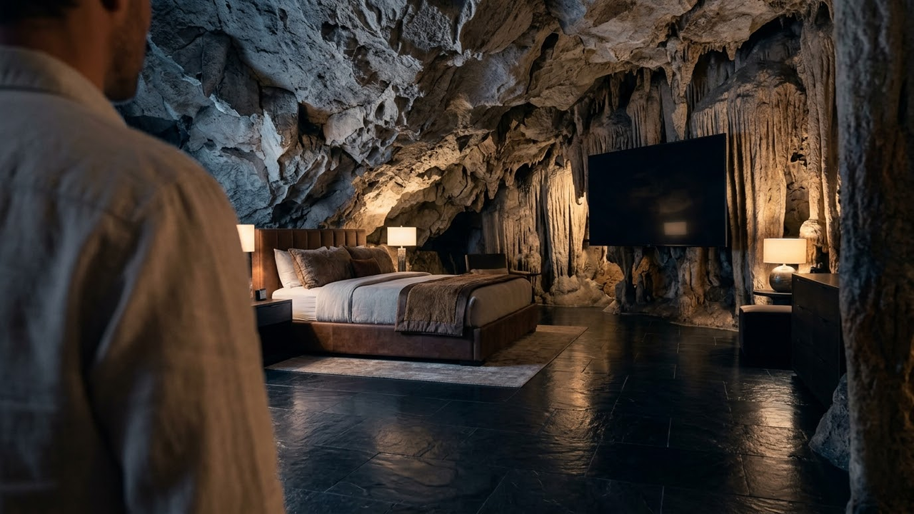 Suíte master de luxo com TV instalada em teto de estalactites.