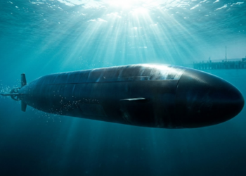 Drone submarino Orca navegando furtivamente sob águas tropicais iluminadas pelo sol.