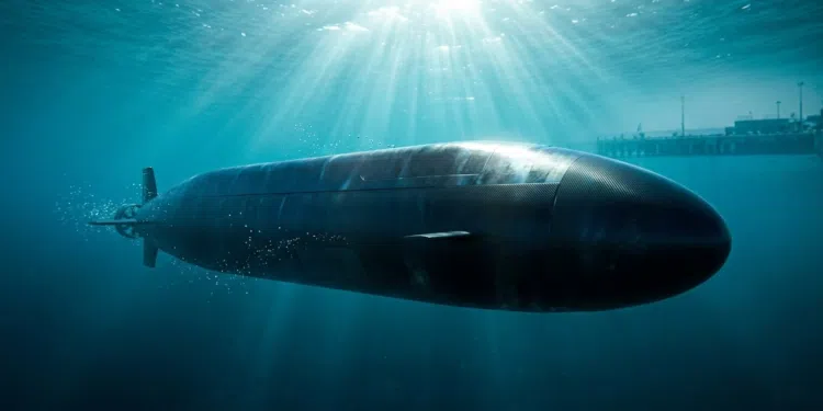 Drone submarino Orca navegando furtivamente sob águas tropicais iluminadas pelo sol.