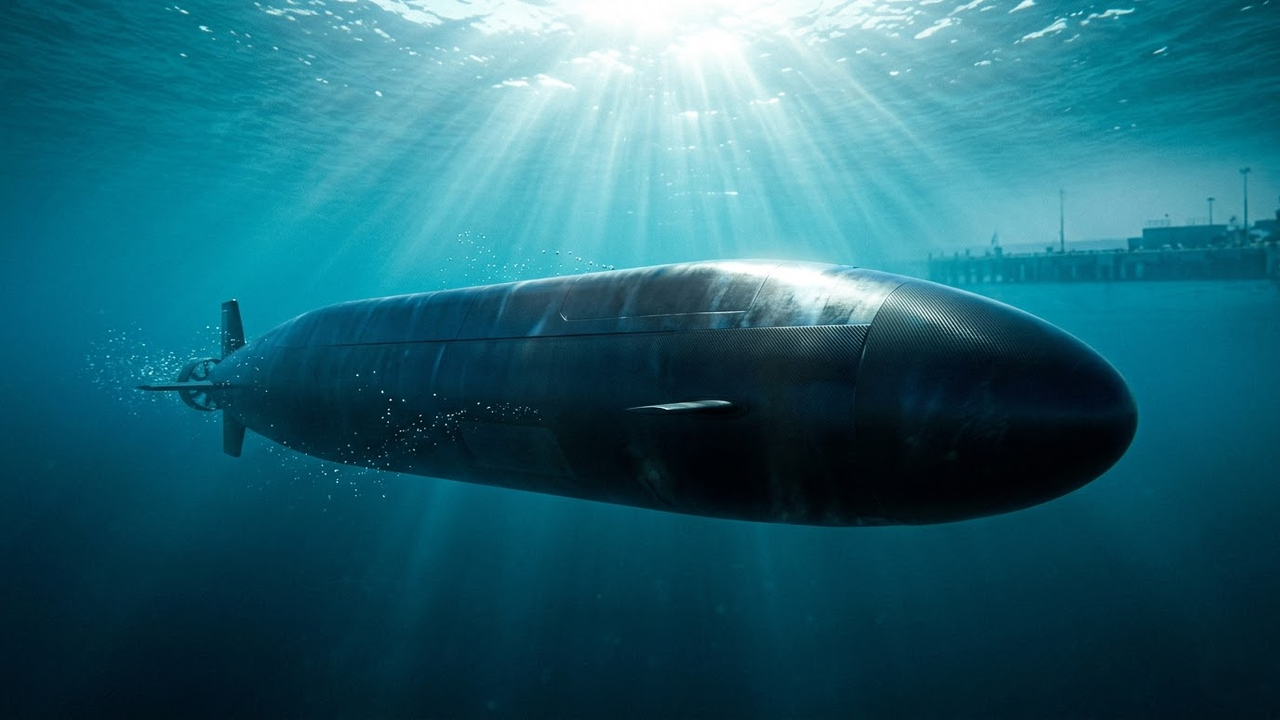 Drone submarino Orca navegando furtivamente sob águas tropicais iluminadas pelo sol.