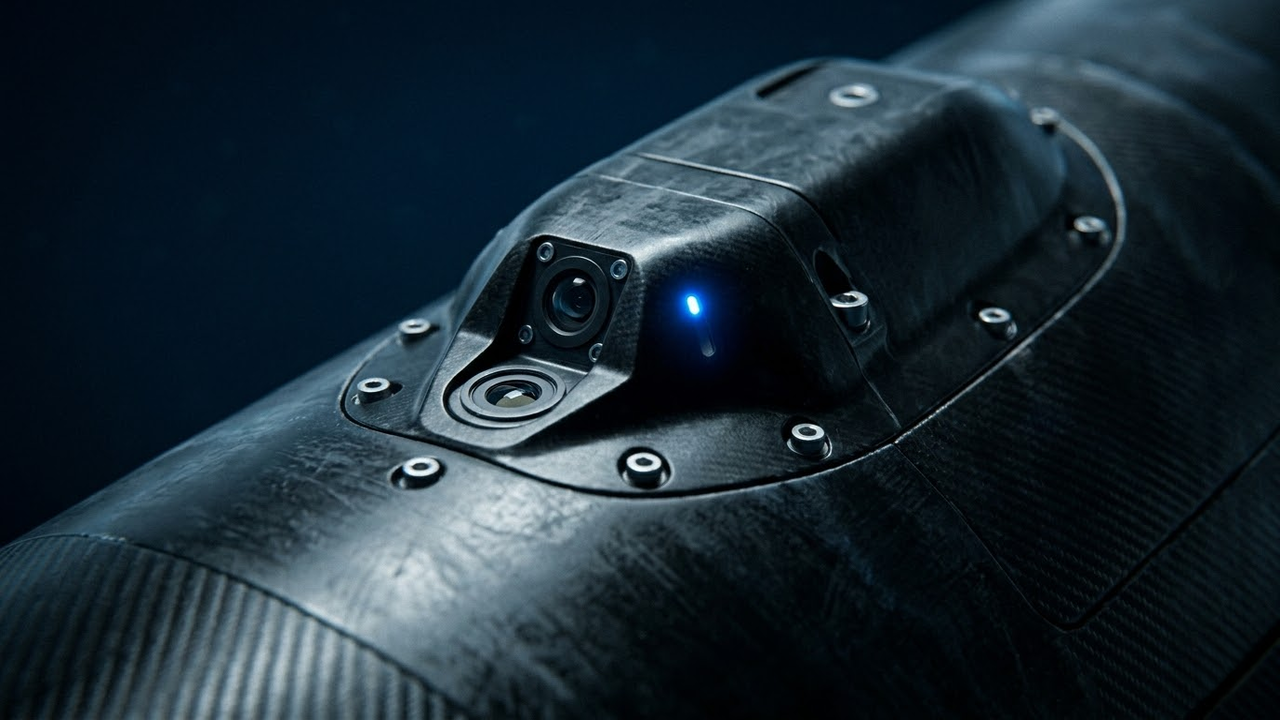 Close macro em sensores de alta precisão e textura do casco do drone Orca.