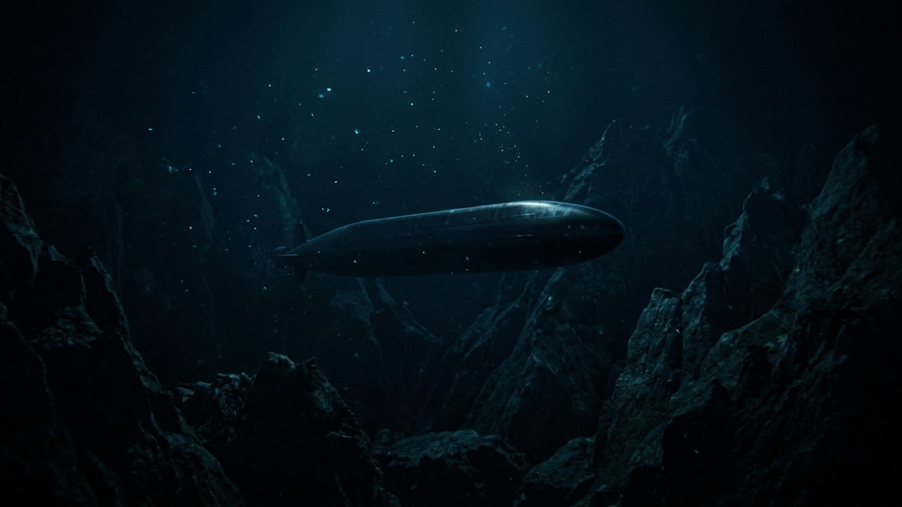 Drone Orca atravessando o abismo oceânico em uma missão de longo alcance.