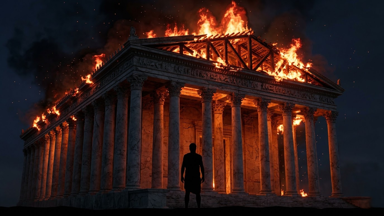 Templo de Ártemis sendo consumido pelo fogo sob o olhar de Eróstrato.