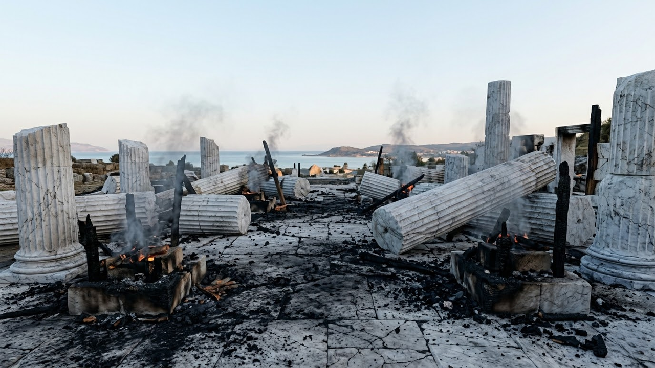 Ruínas fumegantes do Templo de Ártemis sob a luz fria do amanhecer.