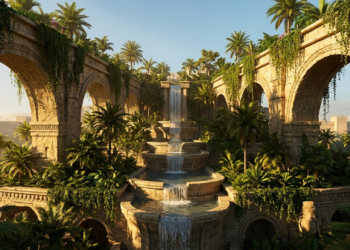 Jardins Suspensos em Nínive com vegetação exuberante sob a luz do pôr do sol.