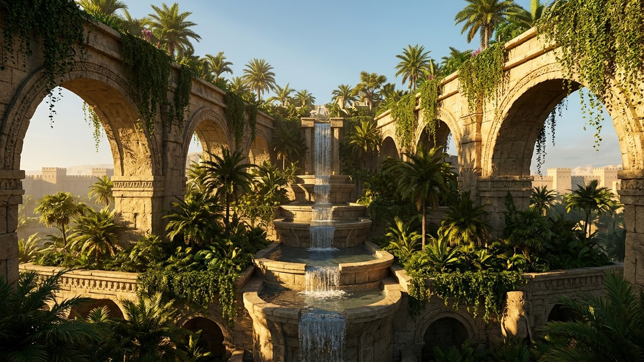 Jardins Suspensos em Nínive com vegetação exuberante sob a luz do pôr do sol.