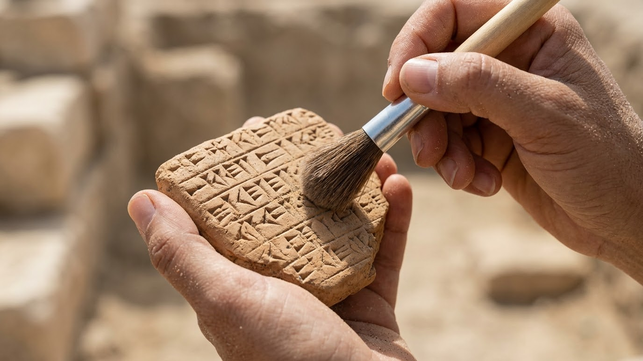 Mão de arqueóloga limpando poeira de uma placa com escrita cuneiforme original.
