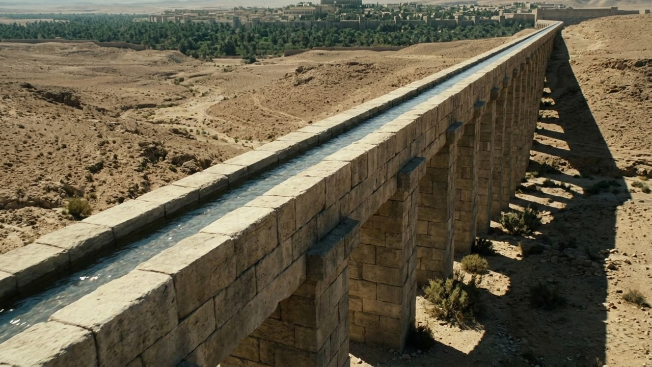 Aqueduto de pedra monumental transportando água através do deserto em direção à cidade.