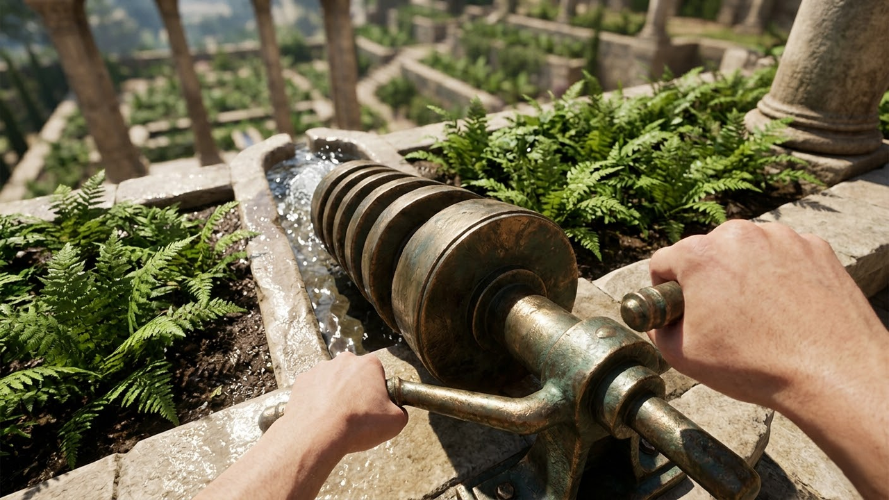 Visão em primeira pessoa operando o mecanismo de parafuso de bronze para subir água.