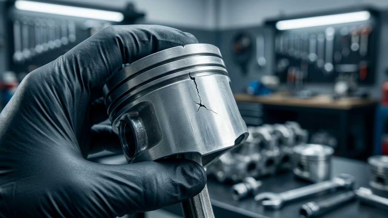 Close macro em pistão com trinca causada por esforço em baixa rotação.