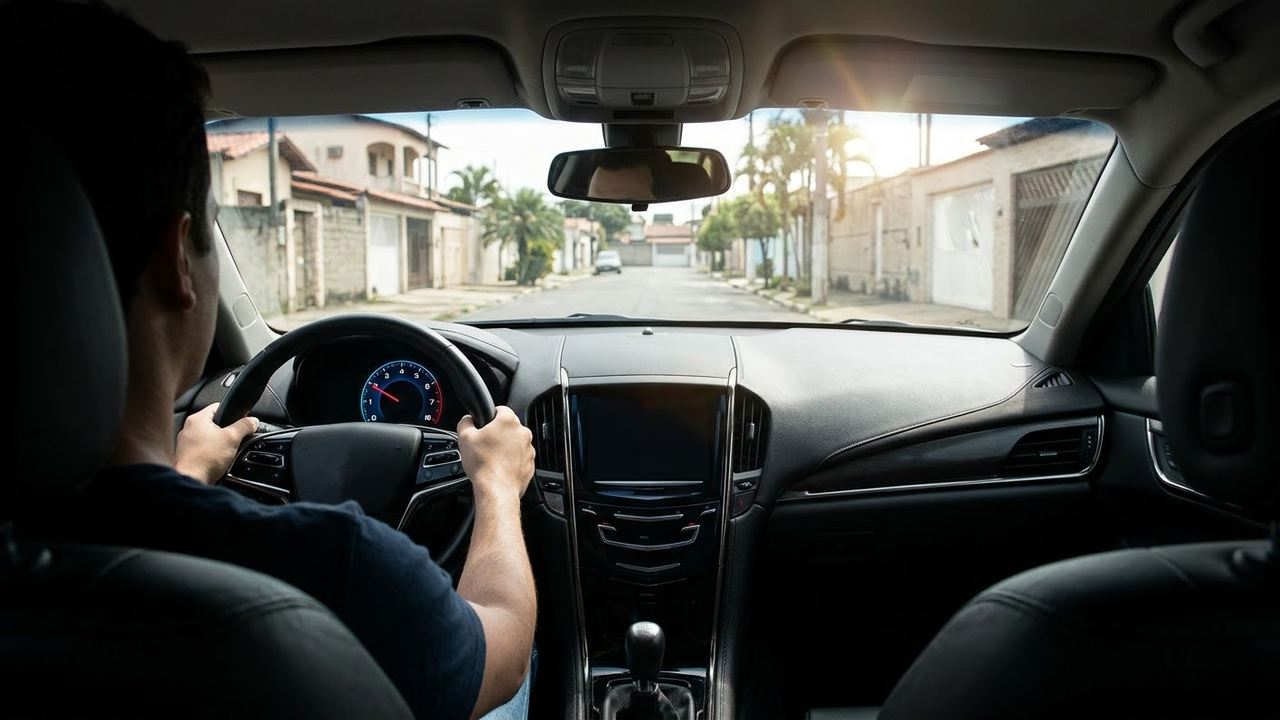 Painel digital marcando rotação baixa enquanto o carro circula na cidade.