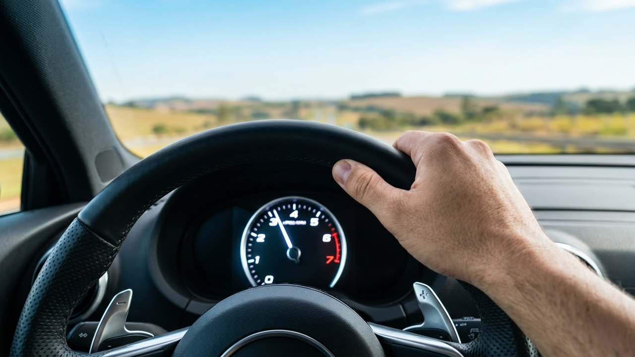 Visão do motorista reduzindo a marcha para proteger o motor em rodovia.