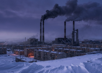 Horizonte industrial de Norilsk com fumaça sob o céu ártico ao anoitecer.