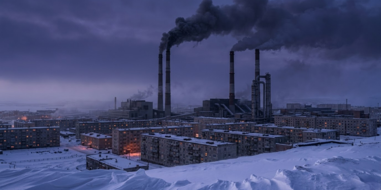 Horizonte industrial de Norilsk com fumaça sob o céu ártico ao anoitecer.