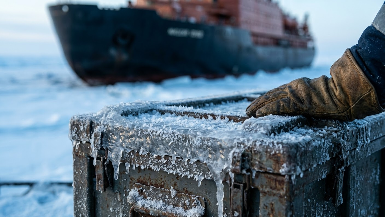 Detalhe de gelo em caixa de suprimentos com quebra-gelo ao fundo.