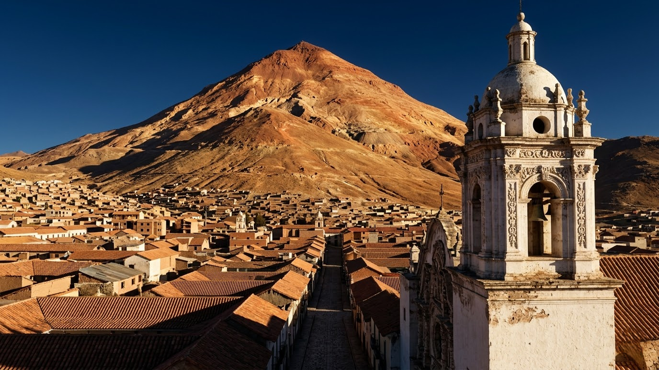 Vista épica do Cerro Rico dominando a cidade colonial de Potosí ao pôr do sol.