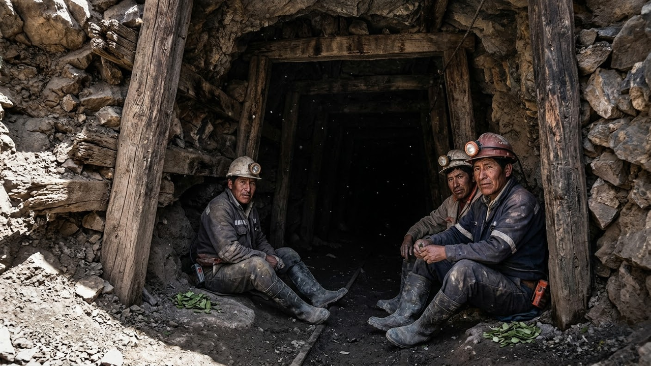 Mineradores bolivianos descansando na entrada escura de uma mina.