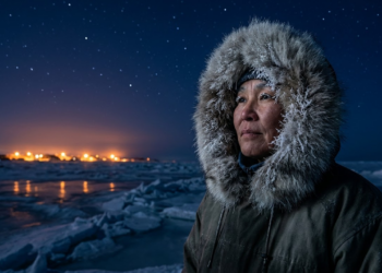 Morador de Utqiaġvik com vestes térmicas sob o céu estrelado da Noite Polar.