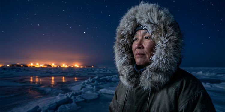Morador de Utqiaġvik com vestes térmicas sob o céu estrelado da Noite Polar.