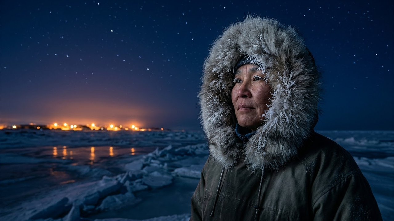 Morador de Utqiaġvik com vestes térmicas sob o céu estrelado da Noite Polar.
