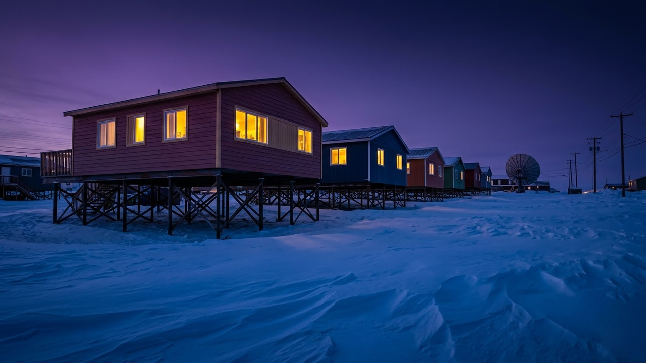 Casas coloridas sobre estacas iluminadas contra o azul profundo da noite ártica.