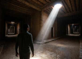 Pesquisador Brasileiro caminha por túneis urbanos iluminados por feixes de luz natural.