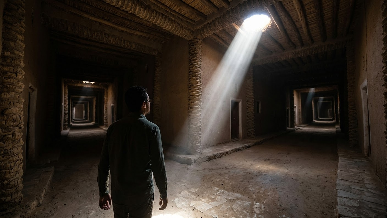 Pesquisador Brasileiro caminha por túneis urbanos iluminados por feixes de luz natural.