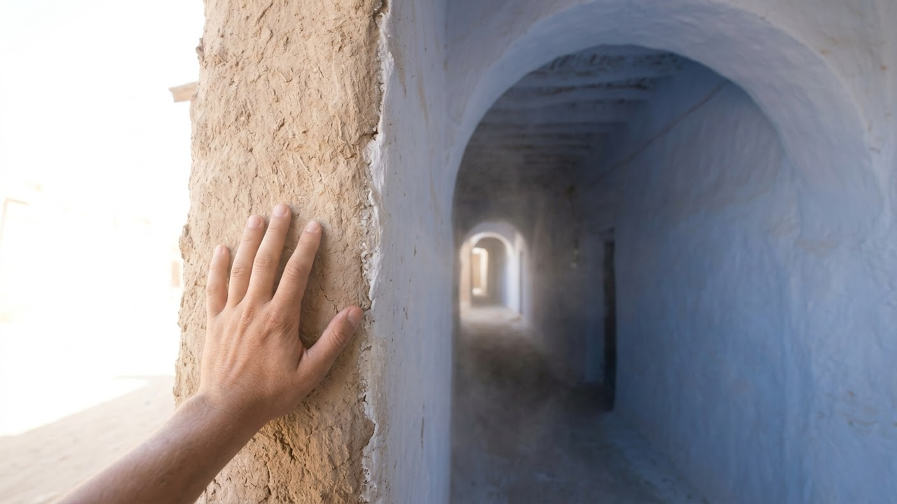 Visão em primeira pessoa entrando em uma rua coberta e fresca em Gadamés.
