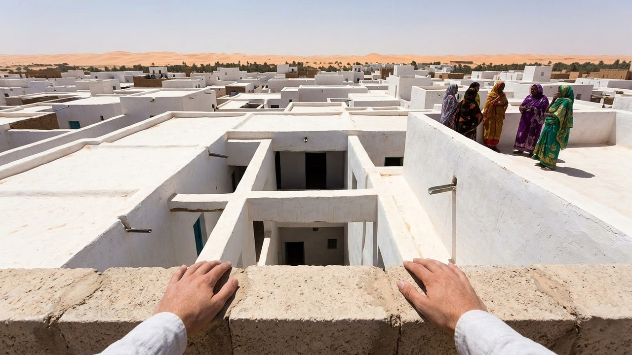 Visão em primeira pessoa do terraço de Gadamés observando a vida social nas alturas.