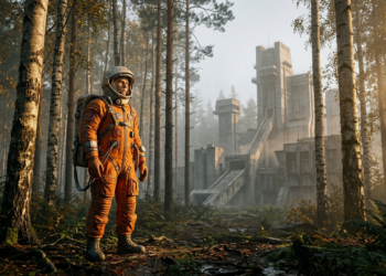 Cosmonauta russo vintage na floresta da Cidade das Estrelas.