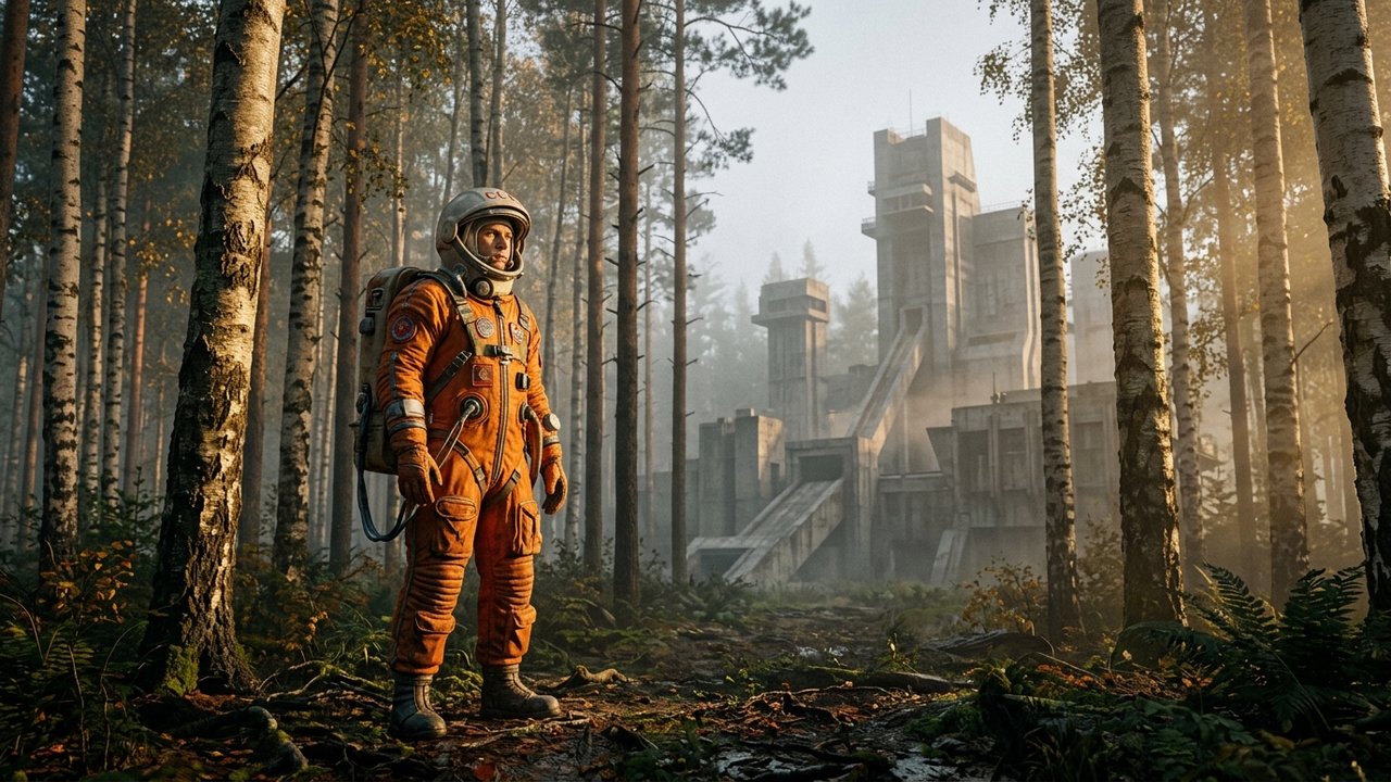 Cosmonauta russo vintage na floresta da Cidade das Estrelas.