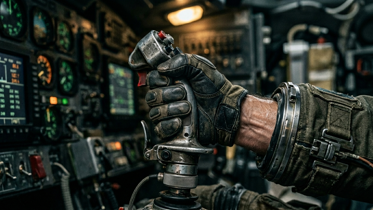 Luva de cosmonauta agarrando manche de controle sob tensão G.