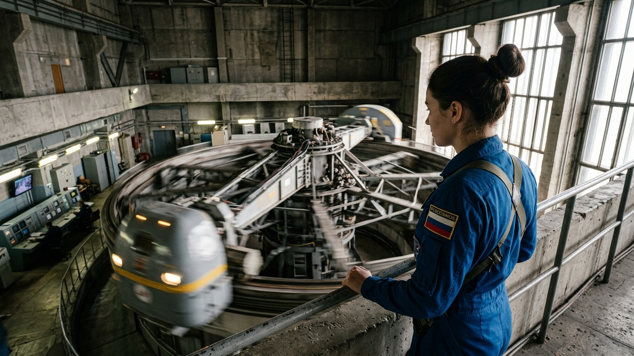 Trainee observa centrífuga G massiva girando em salão industrial.