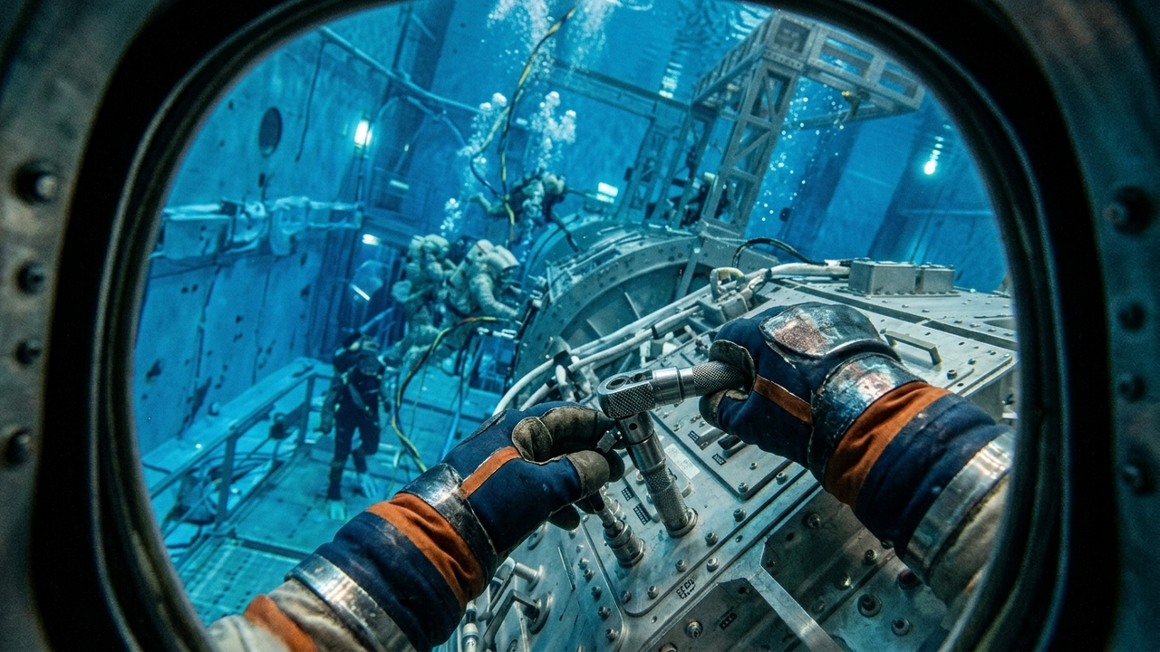 Visão POV trabalhando submerso em réplica de estação espacial.