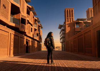 Viajante Brasileiro solitário em uma rua futurista e vazia sob o sol do deserto.