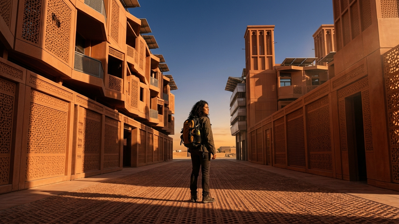 Viajante Brasileiro solitário em uma rua futurista e vazia sob o sol do deserto.