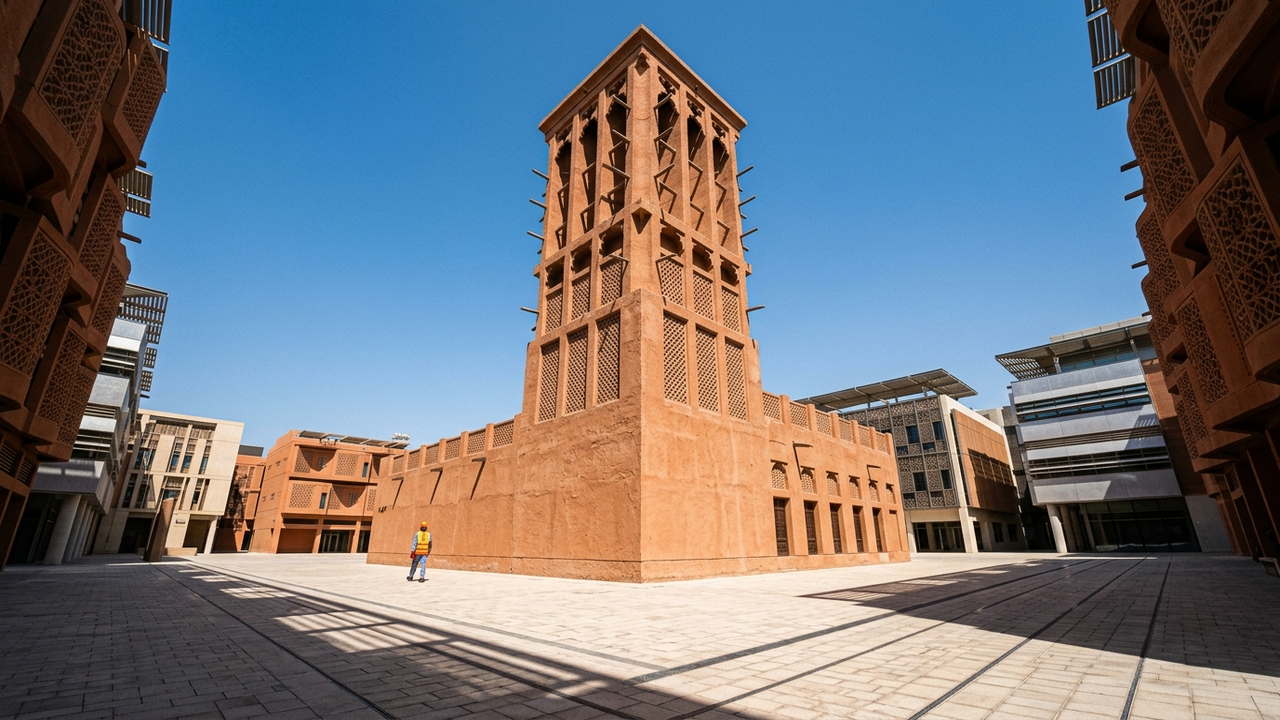 Torre de vento monumental em praça deserta sob o sol forte dos Emirados Árabes.